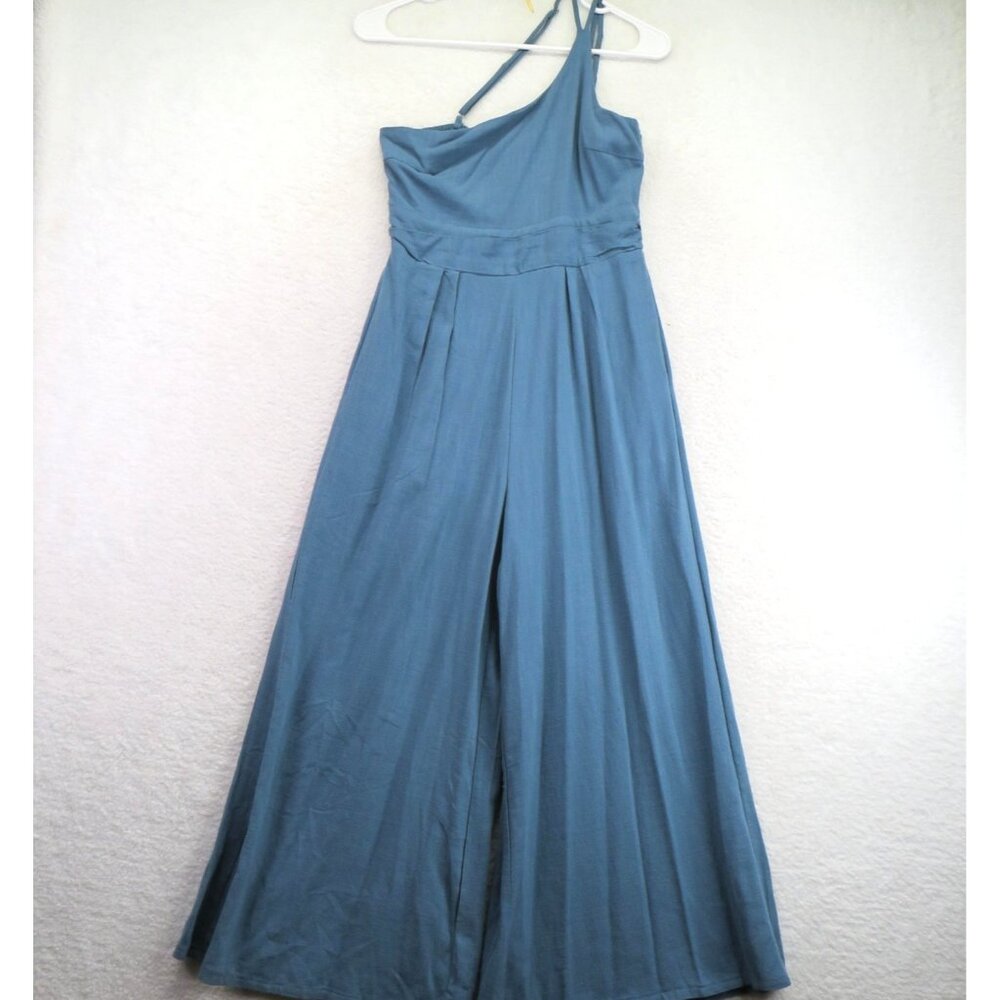 ANRABESS‎ Romper Womens Small Blue One Shoulder Linen Blend Smocked Pleated New